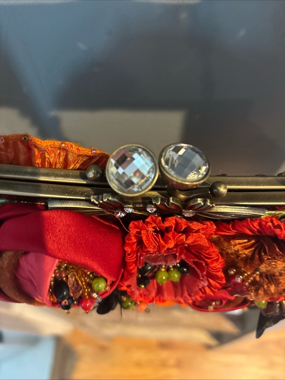 Mary Frances Red Green Multicolor Floral Beaded Strap Clutch - Picture 7 of 14